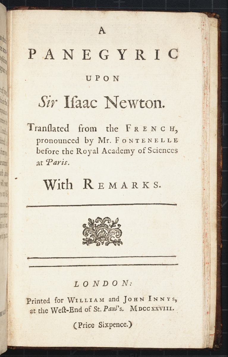 Title page of Fontenelle's 1728 Panegyric upon Sir Isaac Newton.