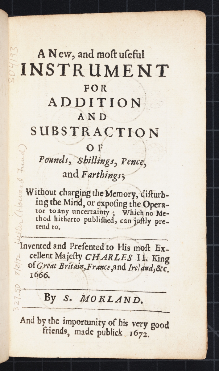 Section title page from Samuel Morland's 1673 The Description and Use of Two Arithmetick Instruments.