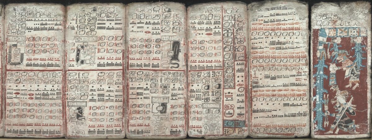 Sheets 55-59, 74 of the Dresden Codex, showing eclipses and multiplication tables.