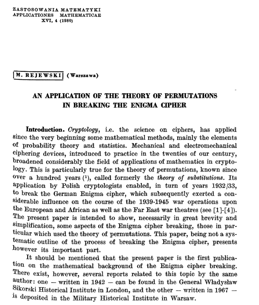 Excerpt from M. Rejewski's 1980 article on Enigma code breaking.