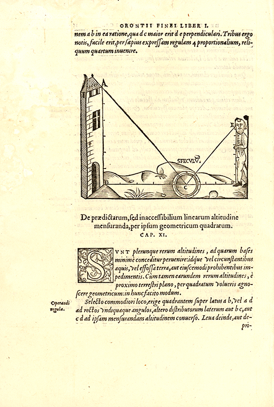 Page showing the measurement of the height of a tower from De re et praxi geometrica by Oronce Fine, 1556