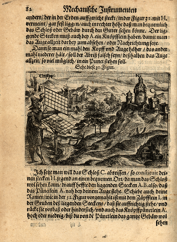 Image of man using grid to accurately sketch a scene from Tractat der Mechanischen Instrumenten, 1603-1604