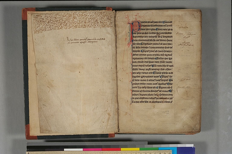 Folios i (verso) and 1 of Geometria Euclidis cum commento magistri Campani, c. 1300-1315