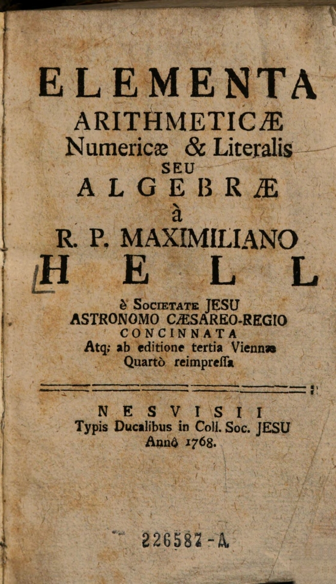 Title page of Maximilian Hell's Elementa Arithmeticae (1768).