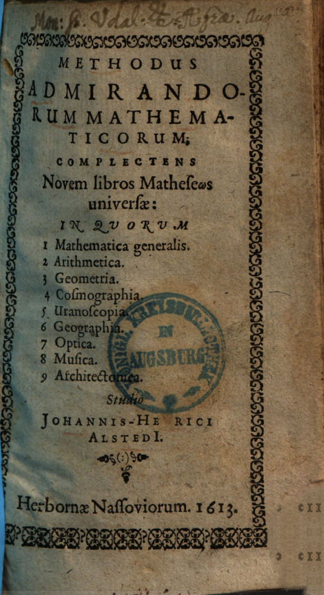 Title page of Johann Heinrich Alsted's 1613 Methodus admirandorum mathematicorum.