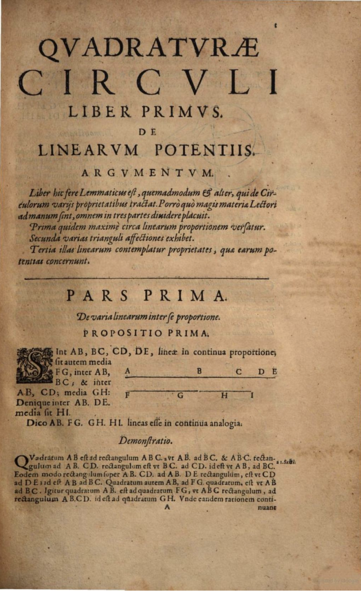 First page of Book 1 from volume 1, Opus geometricum quadraturae circuli et sectionum coni (1647).