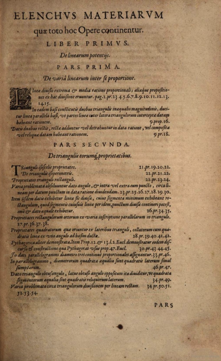 Table of contents page from volume 1, Opus geometricum quadraturae circuli et sectionum coni (1647).