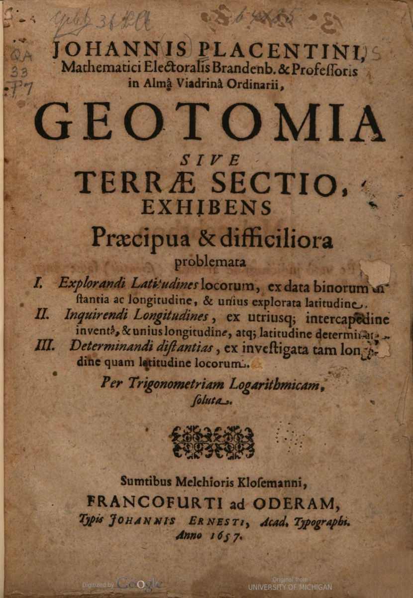 Title page of Johann Placentinus's 1657 Geotomia.