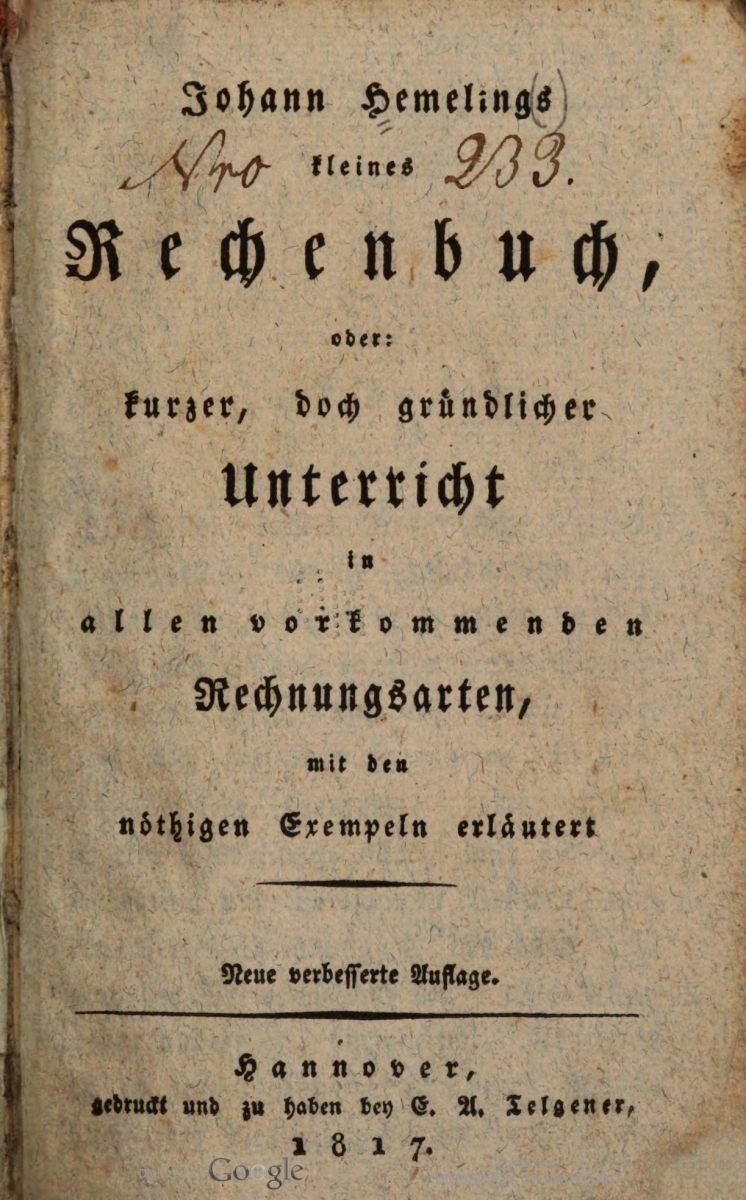 Title page of 1817 printing of Johann Hemeling's Kleines Rechenbuch.