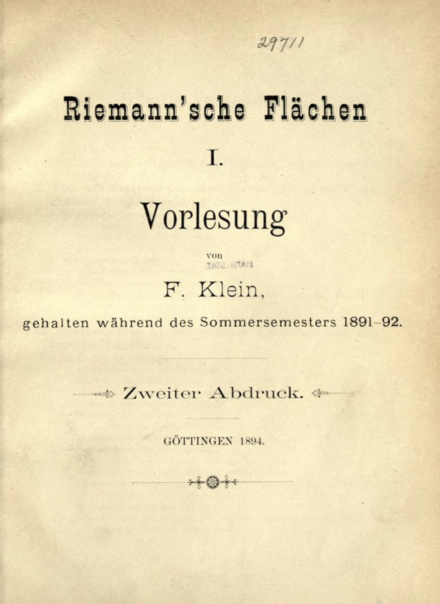 Title page for 1894 partially-printed version of Klein's lecture notes on Riemann Surfaces.