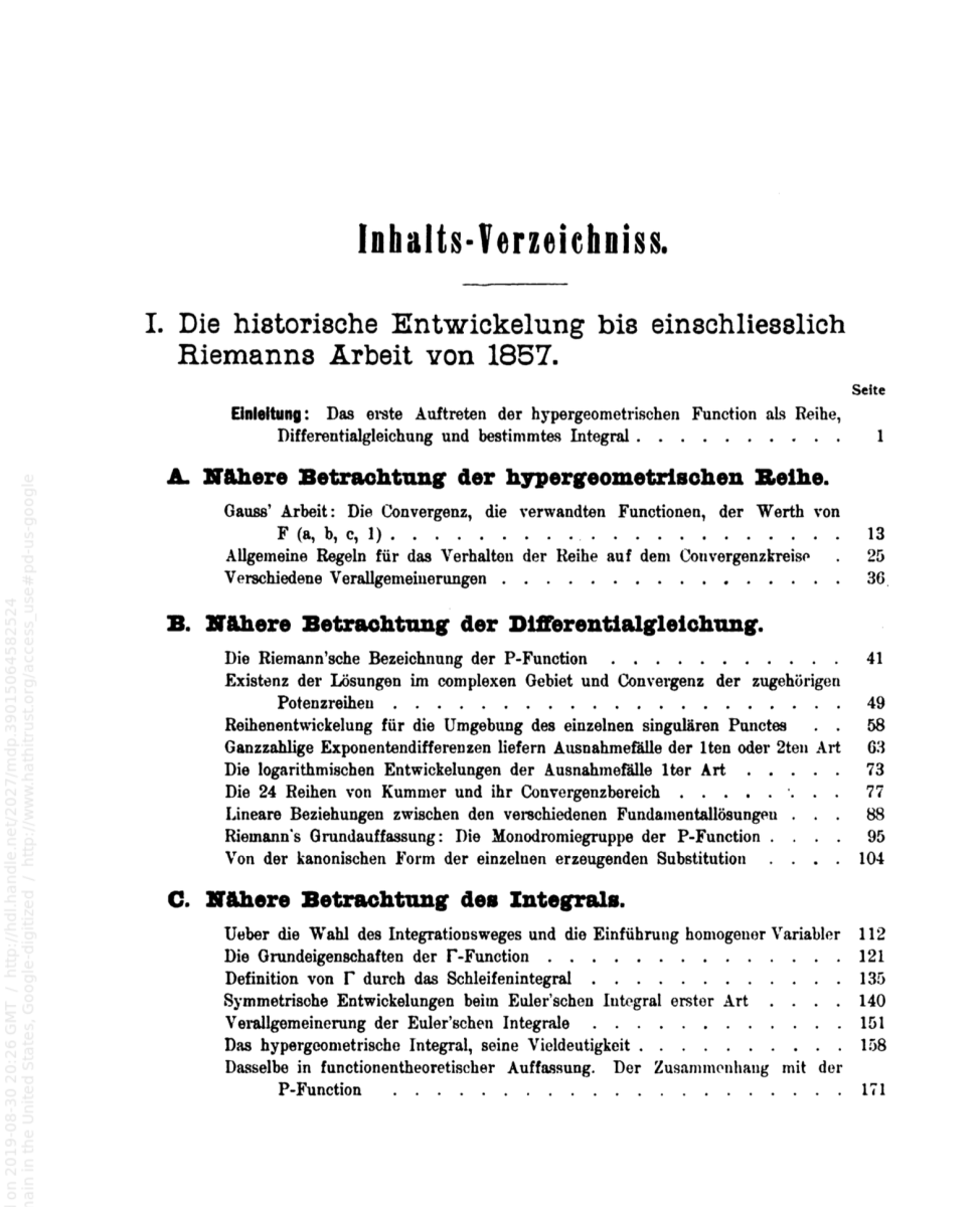 First page of table of contents for Ueber die hypergeometrische function, 1894.