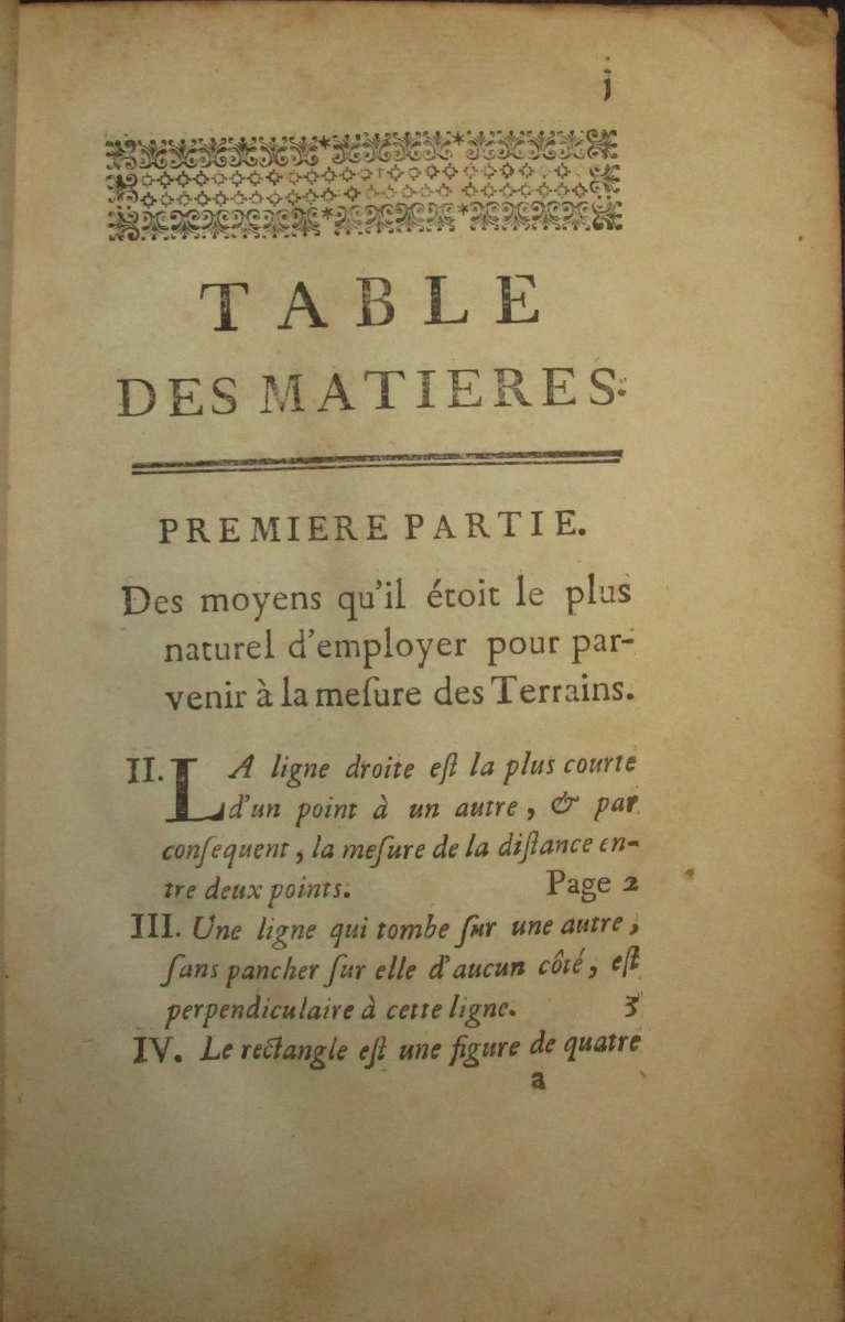 First page of table of contents from 1753 printing of Alexis-Claude Clairaut’s Élémens de géométrie, owned by Bruce Burdick.