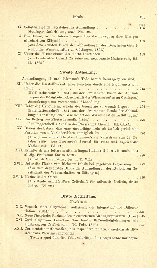 Table of Contents for Riemann's Gesammelte Mathematische Werke (second page)