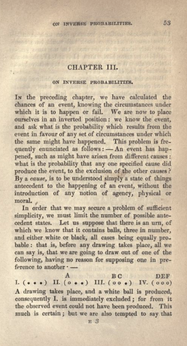 Page 53 from De Morgan's 1838 Essay on Probabilities.