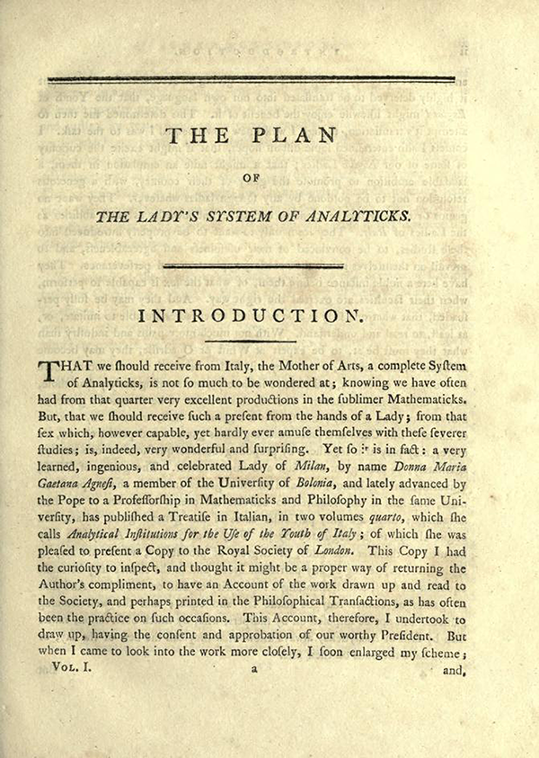 First page of "The Plan of the Lady's System of Analyticks" from English Translation of Maria Agnesi's Analytical Institutions published in 1801