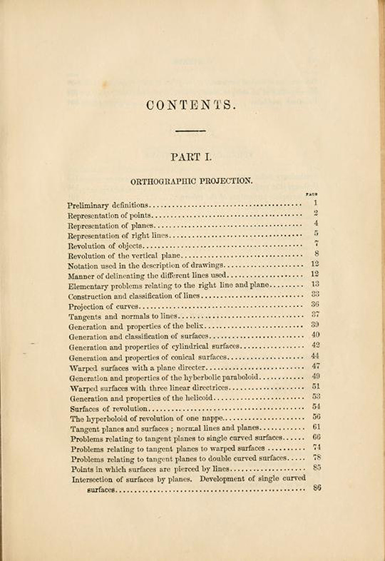 First page of table of contents from Elements of Descriptive Geometry by Albert Church, 1867