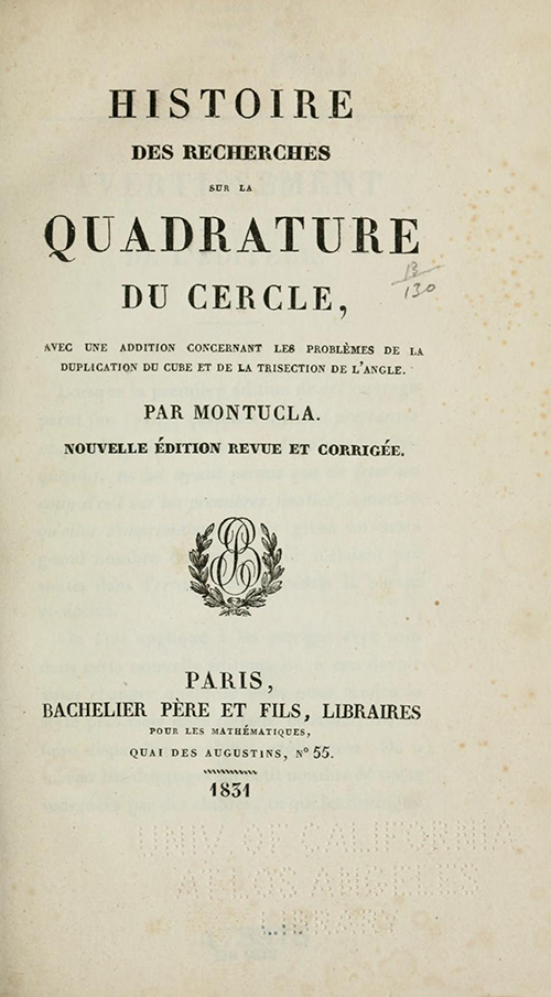 Title page for 1831 edition of Montucla's history of circle quadrature.
