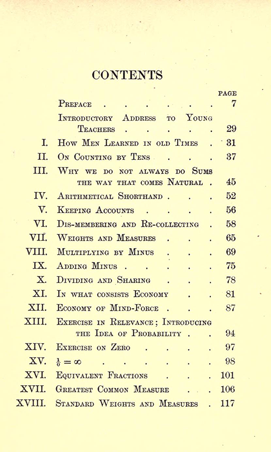 First page of table of contents from Lectures on the Logic of Arithmetic by Mary Boole, 1903