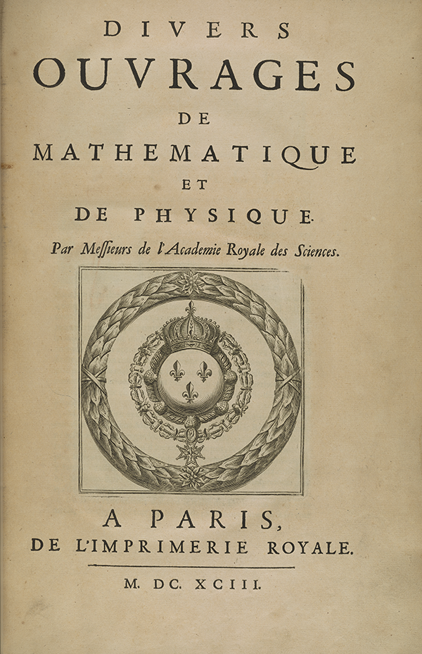 Title page for 1693 volume published by the French Academy of Sciences.