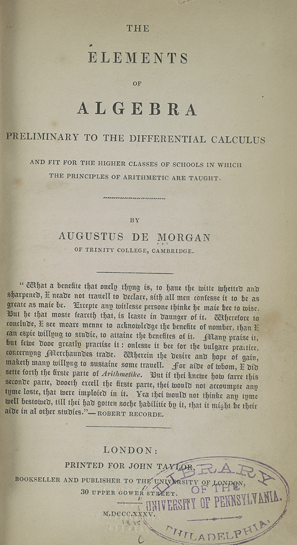 Title page of Augustus De Morgan's 1835 Elements of Algebra.
