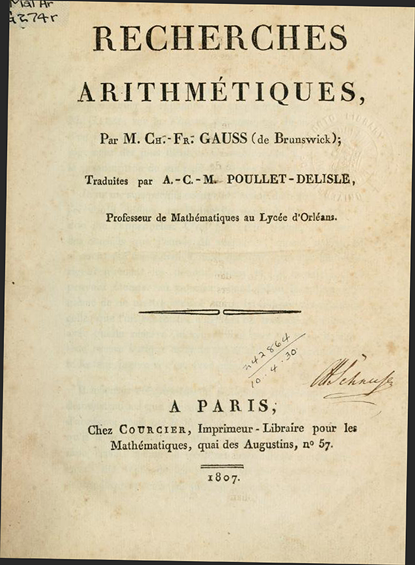 Title page of Recherches Arithmétiques by Carl Friedrich Gauss, 1807