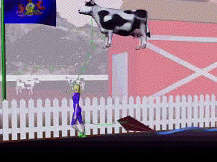 girl walking a flying cow