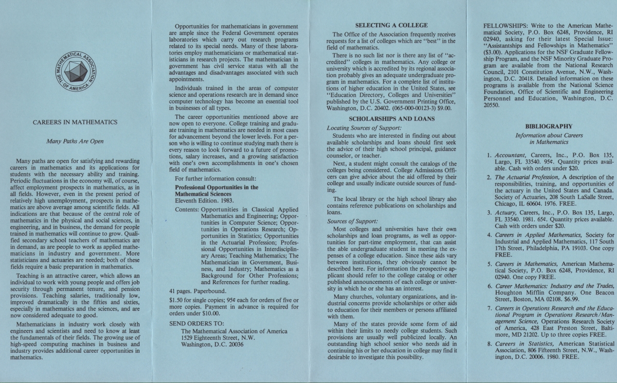 MAA brochure on careers in mathematics, circa 1982.