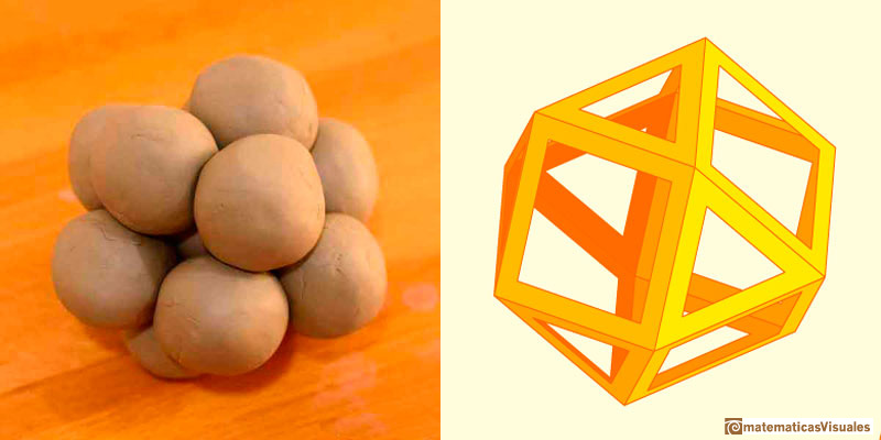 Images of stacked spheres and a cuboctahedron suggestive of how the two are related.
