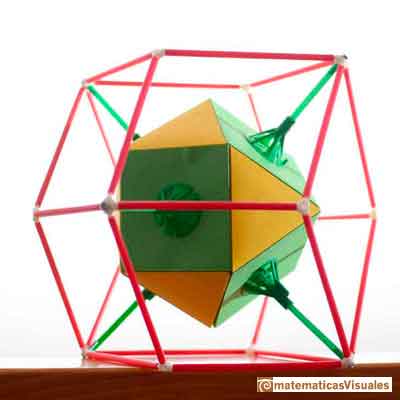 A cuboctahedron inside a rhombic dodecahedron, illustrating their dual relationship. 