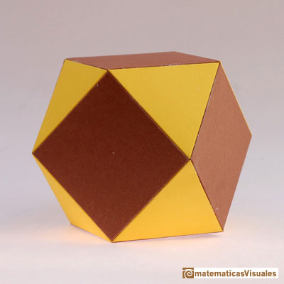 Model of a cuboctahedron in two colors.