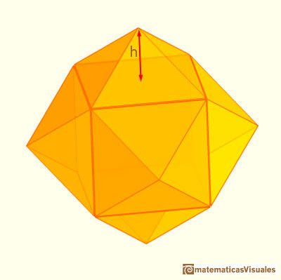 Rhombic dodecahedron as cube with pyramid added, height of pyramid labelled h.