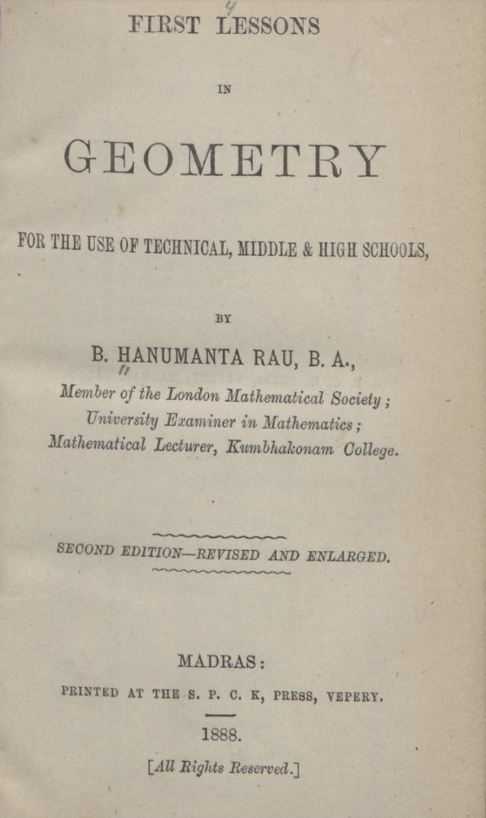 Title page of Hanumantha Rao's First Lessons in Geometry.