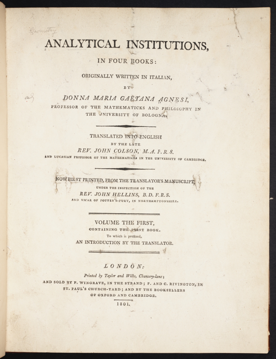 Title page of English translation of Agnesi's Instituzioni Analitiche.