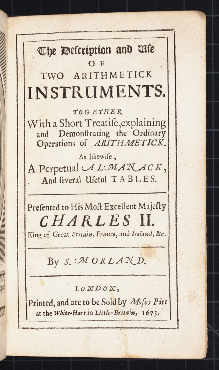Title page from Samuel Morland's 1673 The Description and Use of Two Arithmetick Instruments.