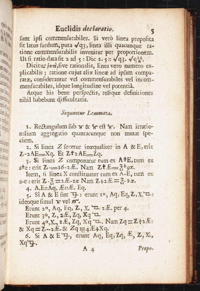 Page 5 from William Oughtred's 1662 Elementi Decimi Euclidis Declaratio.