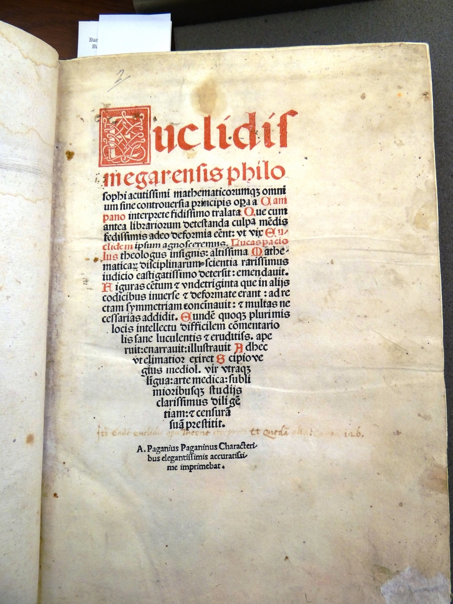 Title page for Pacioli's edition of Euclid's Elements.