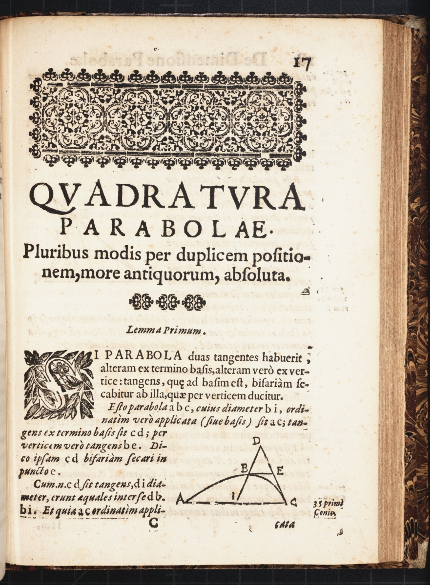 Section header for quadrature of the parabola in Torricelli's Opera Geometrica.