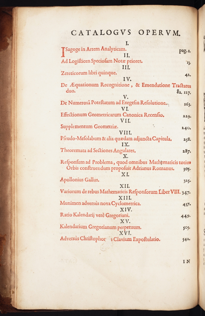 Table of contents for François Viète's Opera Mathematica.