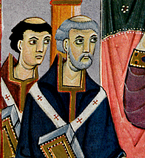 Portrait of Gerbert (in blue) from the Gospels of Otto III, ca 1000.
