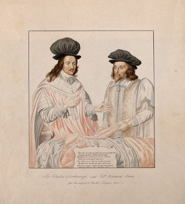 Watercolor of Charles Scarburgh and Edward Arris conducting a dissection.