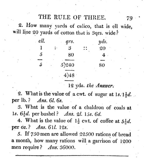 Rule of Three problem from John Bonnycastle's Introduction to Arithmetic.