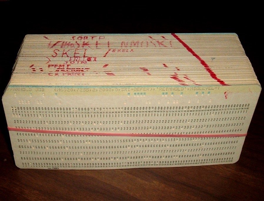 Stack of computer punch cards, circa 1969.