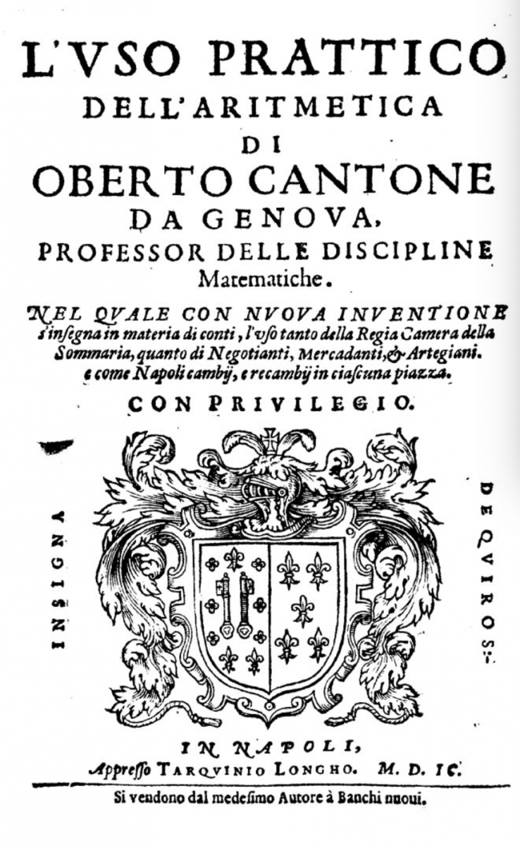 Title page from Oberto Cantone's 1599 l'vso prattico dell' aritmetica e geometria.
