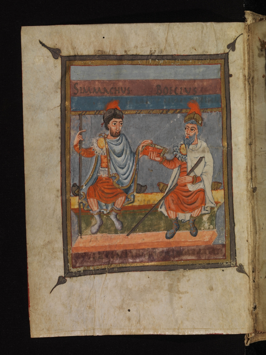 Boethius portrayed with Quintus Aurelius Symmachus in a manuscript of his arithmetic copied in 845.