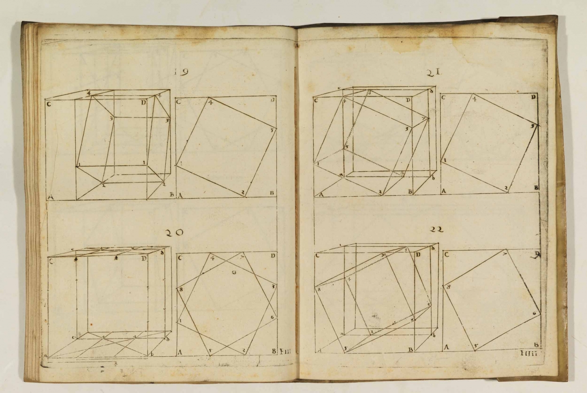 Diagrams of cubes from Augustin Hirschvogel's 1543 Geometria.