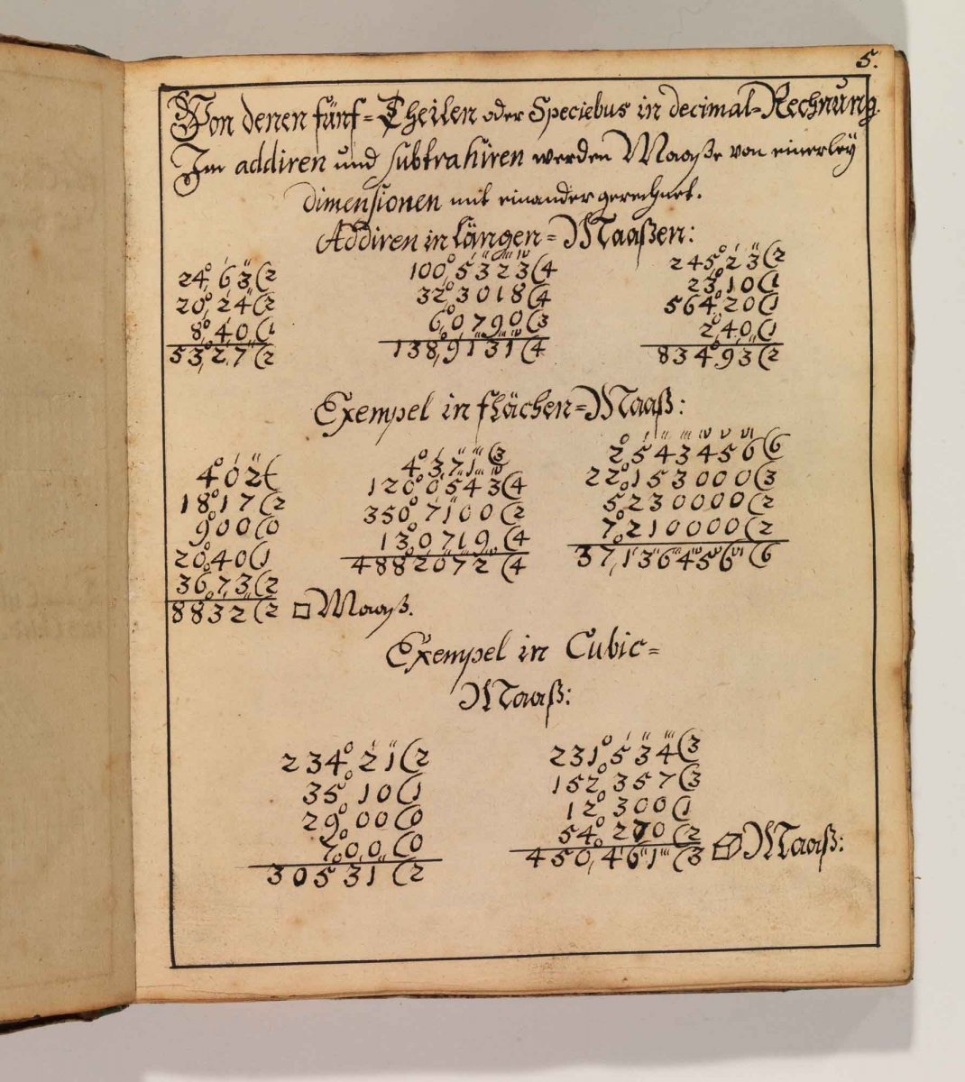 Examples of calculations with squares and cubes in 18th-century manuscript Von der rechten Arithmetica geometrica.