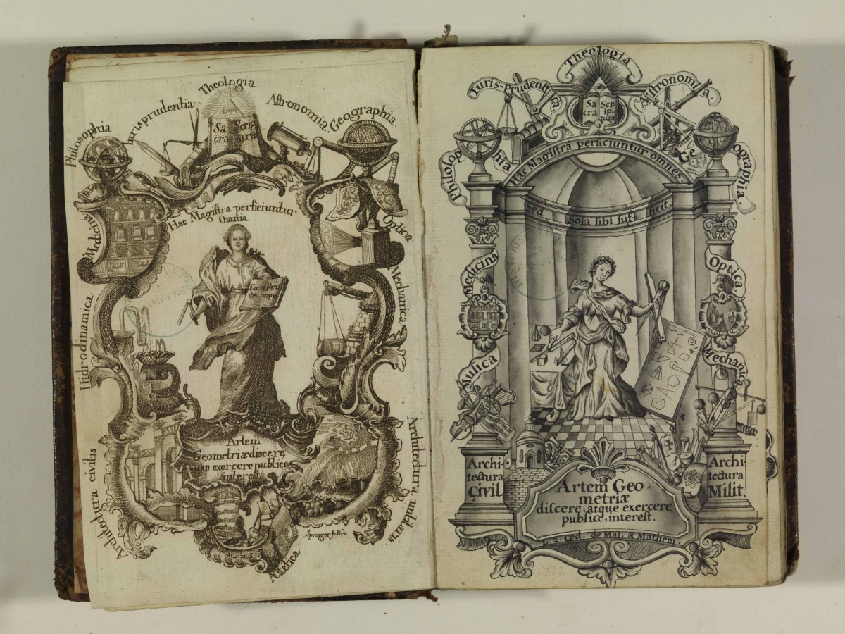 Double frontispiece for Johann Baptist Roppelt's 1772 Geometria Theoretica et Practica.