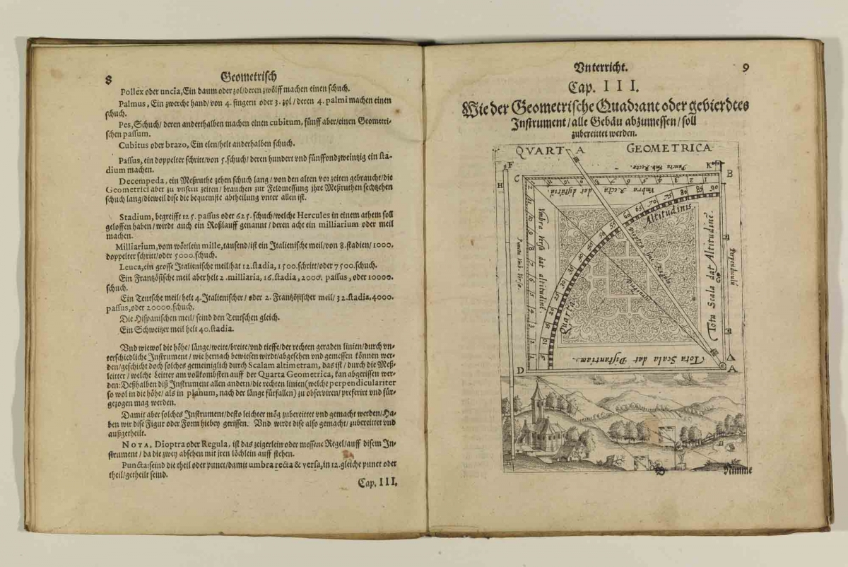 Pages 8-9 from Levinus Hulsius's 1594 Theoria Et Praxis Quadrantis Geometrici.