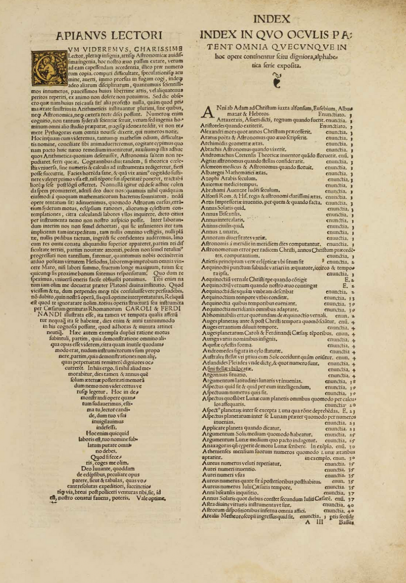 Index to Peter Apian's 1540 Astronomicum Caesareum.