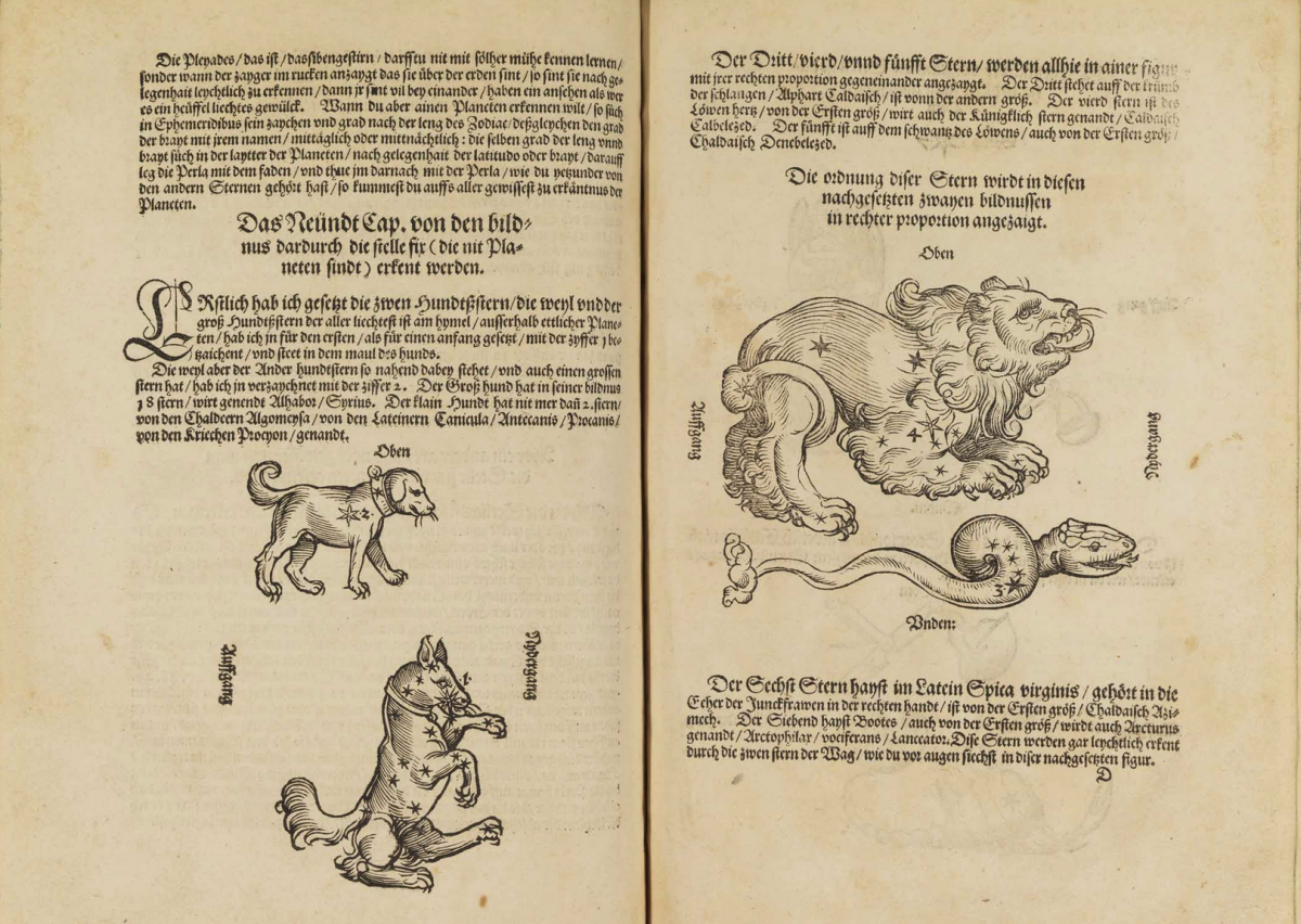 Pages from Peter Apian's 1533 Instrument Buch showing constellations depicted as animals.